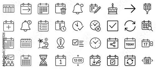 Calendar and scheduling icons set in line art style in black and white representing time management