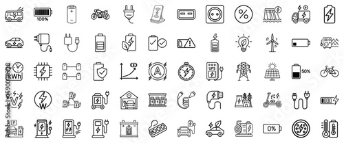 Charging and electricity icon set in line art style in black and white representing power and energy