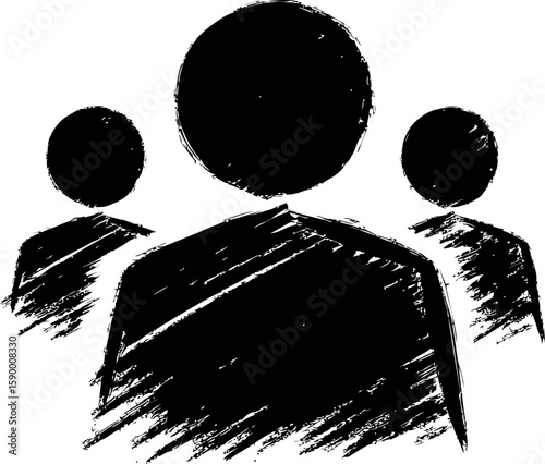 Abstract sketch of three figures with circular heads in black brush strokes. Vector illustration