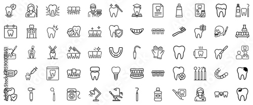 Dental care and dentistry icon set in line art style in black and white for medical applications