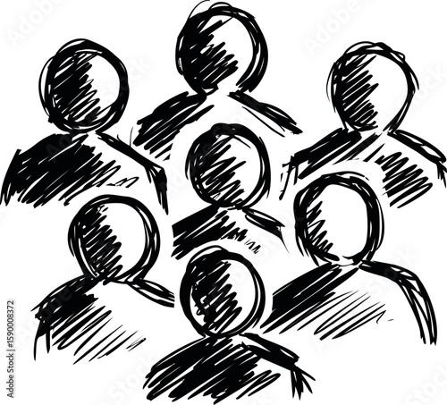Sketch of a crowd of abstract people in black and white, concept of community. Vector illustration