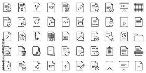 File type and document action icon set in minimal line style in black and white for software interfaces