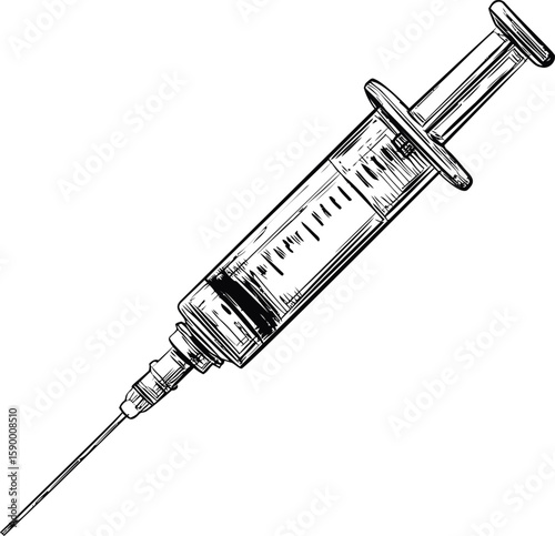 Detailed black ink syringe drawing showcasing medical illustration art. Vector illustration