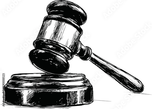 Sketch of a wooden gavel on a block symbolizing justice in black and white. Vector illustration