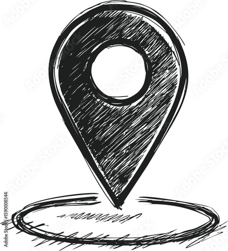 Black and white sketch of a location pin, concept of navigation. Vector illustration