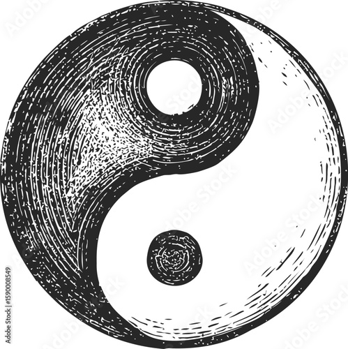 Intricate black and white yin yang symbol with rustic texture illustration. Vector illustration