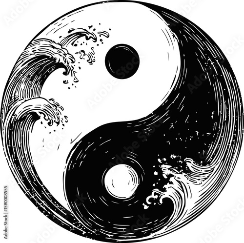 Yin yang symbol with ocean waves blending black and white elements concept. Vector illustration