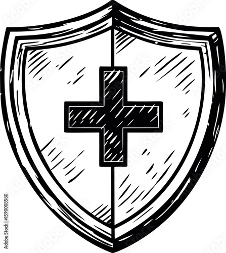 Black and white shield with a medical cross sketch, symbol of protection. Vector illustration