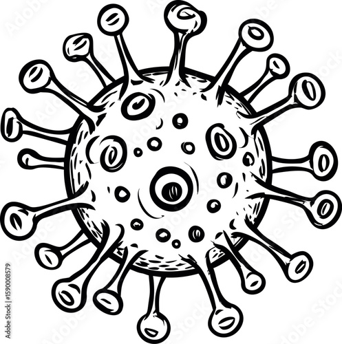 Black and white sketch of a virus with spikes, conceptual illustration. Vector illustration
