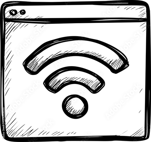 Black and white sketch of a wifi symbol in a web browser window. Vector illustration