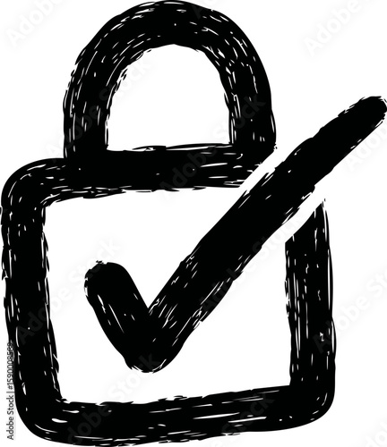 Black brush stroke padlock with check mark symbol. Vector illustration