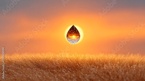Refraction: A water droplet suspended above a field reflects the sunset capturing its warm tones.
