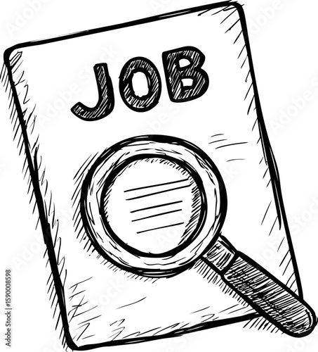 Sketch of a job search concept with a magnifying glass on paper. Vector illustration
