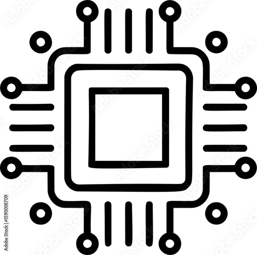 Minimalist black and white microchip icon with circuit lines. Vector illustration