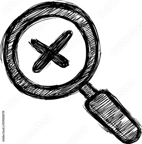 Sketch of a magnifying glass with an x inside the lens in black ink drawing. Vector illustration