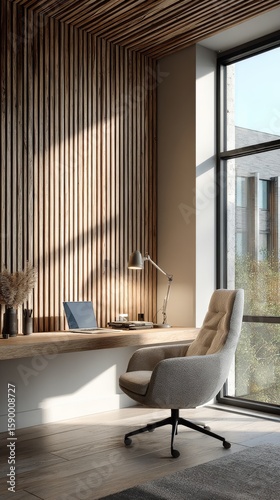 Modern Office Hallway With Wooden Ceiling and Natural Light in a Bright Works...