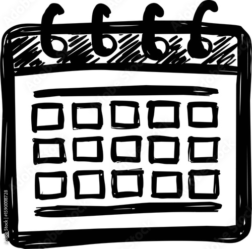 Black and white hand-drawn calendar icon with a spiral binding. Vector illustration