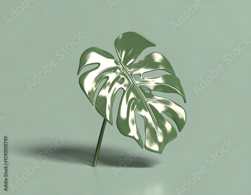 A glossy, stylized Monstera leaf casts a shadow on a light green background.