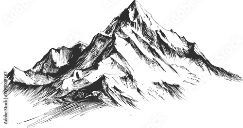 Monochrome sketch of towering mountain peaks in a serene landscape. Vector illustration