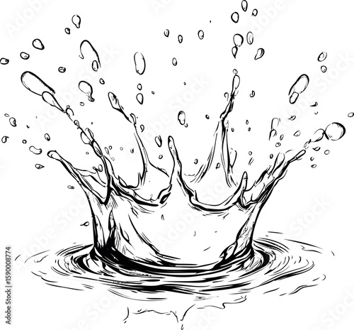 Black ink splash illustration with dynamic water droplets in motion. Vector illustration