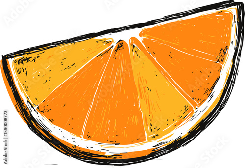 Illustrated vibrant orange slice with textured details in sketch style. Vector illustration
