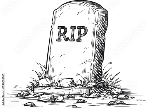 Sketch of a gravestone with rip inscription surrounded by grass and rocks. Vector illustration