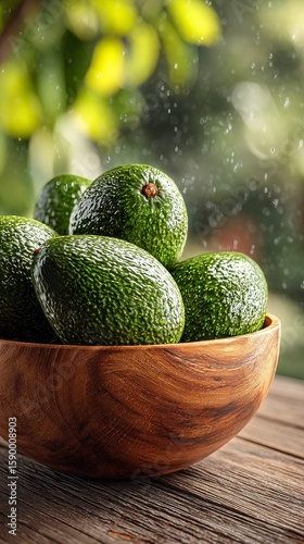 Fresh Green Avocados Arranged in a Wooden Bowl on a Rustic Table Surrounded b...