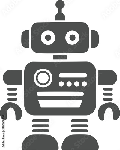 Gray silhouette of a vintage robot illustration with antenna and buttons. Vector illustration