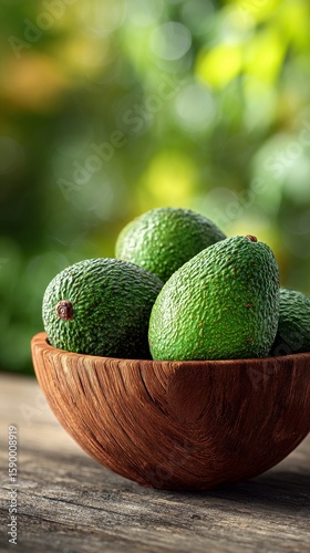 Fresh Green Avocados Arranged in a Wooden Bowl on a Rustic Table Surrounded b...