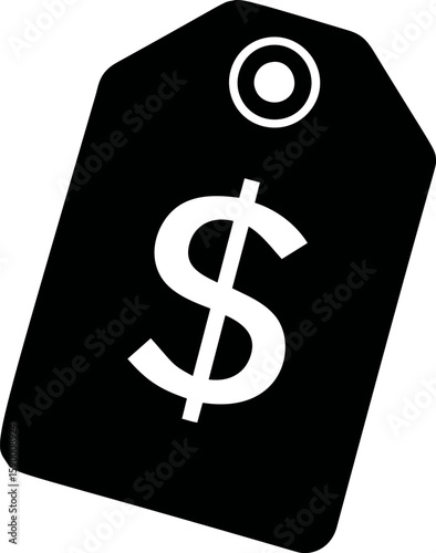 Black price tag icon with dollar symbol indicating cost or sale concept. Vector illustration