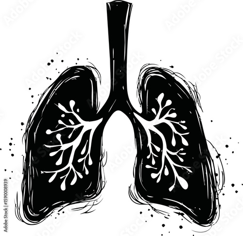 Artistic black and white illustration of human lungs with ink splatter. Vector illustration
