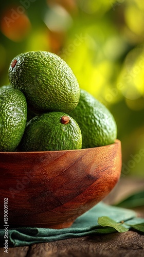 Fresh Avocados Stacked in a Wooden Bowl Ready for Cooking and Snacking in a B...
