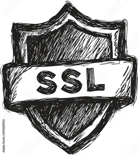Hand-drawn ssl shield sketch in black ink. Vector illustration