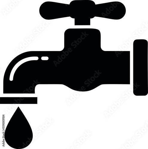 Silhouette of a faucet with a droplet symbolizing water conservation. Vector illustration