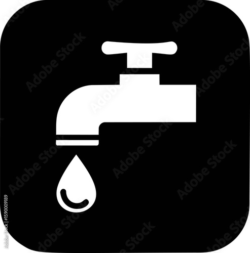 Black and white icon of a faucet with a droplet symbolizing water conservation. Vector illustration
