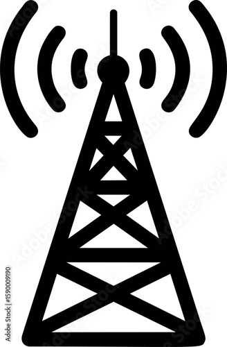 Black radio tower with waves icon symbolizing communication concept. Vector illustration