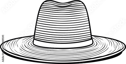 Line drawing of a wide-brimmed fedora hat with ribbon in black and white. Vector illustration