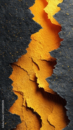 Abstract Texture Featuring Torn Black and Orange Paper Layers Revealing a Vib...