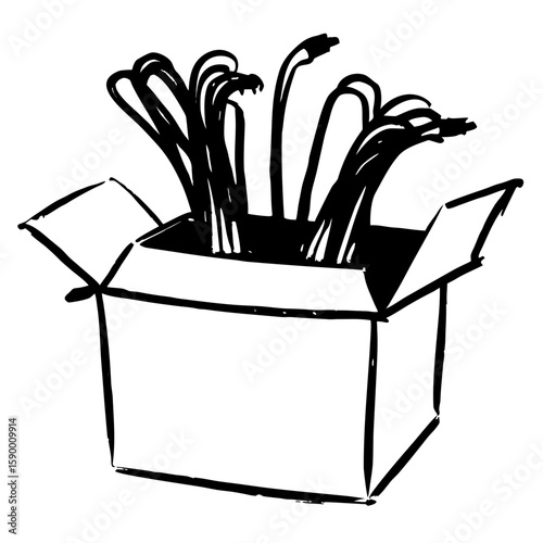 Cables emerging from an open box in a simple black and white style  