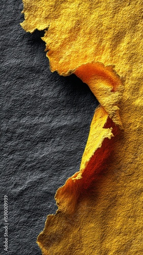 Texture of Torn Paper Revealing Vibrant Yellow Against Dark Surface