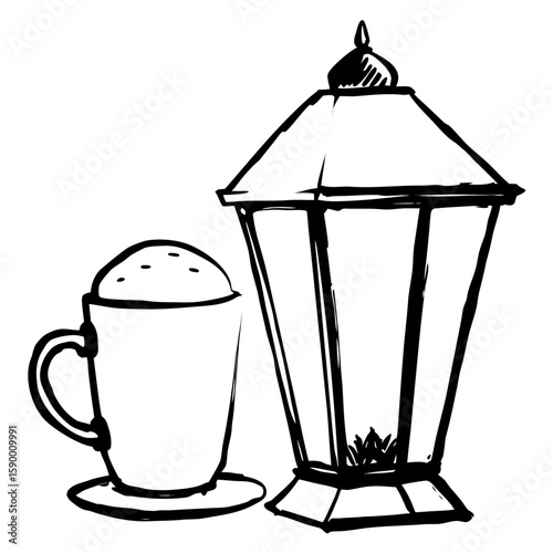 Cocoa cup next to lantern in cozy hand-drawn style  