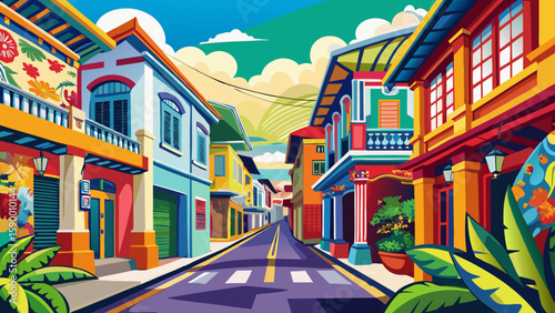 George Town, Penang, Malaysia – Colonial buildings with colorful murals line narrow streets. This multicultural city is a vivid blend of history and street art, perfect for lively vector scenes.
