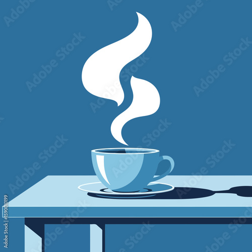 Vector art of a steaming cup of coffee or tea sits on a table in a minimalist blue and white illustration