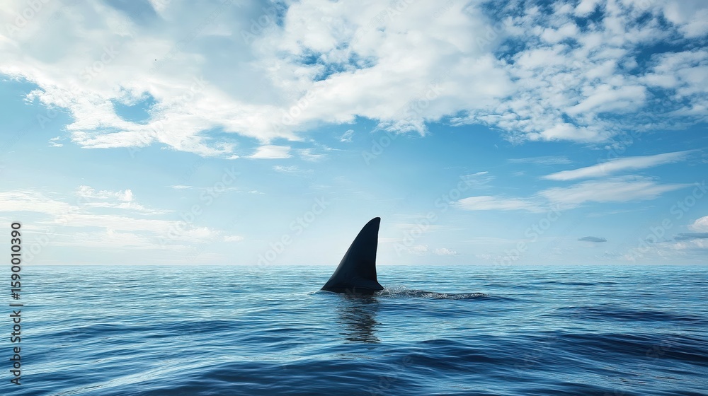 Naklejka premium Shark fin cutting through the ocean surface beneath a blue sky filled with soft clouds, evoking tension and the mystery of the deep sea.