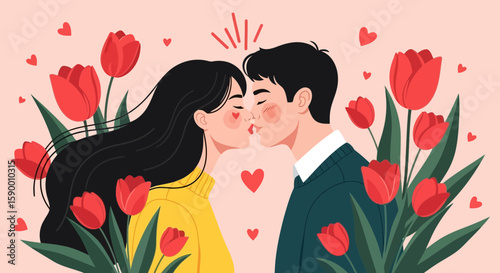 Vector art of a couple kissing surrounded by red tulips and hearts on a pink background