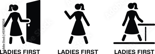 Ladies First Icon Set – Black Female Symbol Vectors with Door, Wave, and Table Gestures