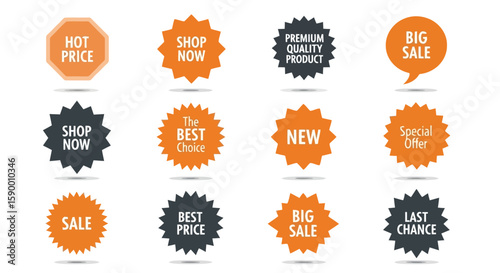 Vector art of a collection of twelve colorful sale and promotion badges and stickers for retail