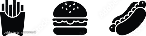 Fast Food Icon Set – Black Vector Symbols of Fries, Burger, and Hot Dog in Minimal Style