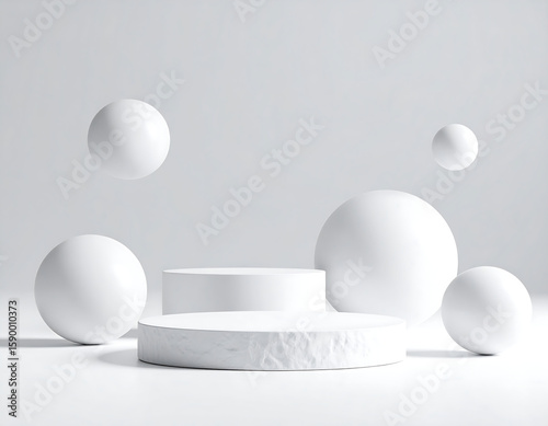 Minimalist product display: a white platform surrounded by floating spheres on a white background.
