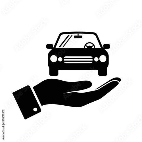 Vector art of a car being held in a protective hand, symbolizing insurance and care, isolated on white